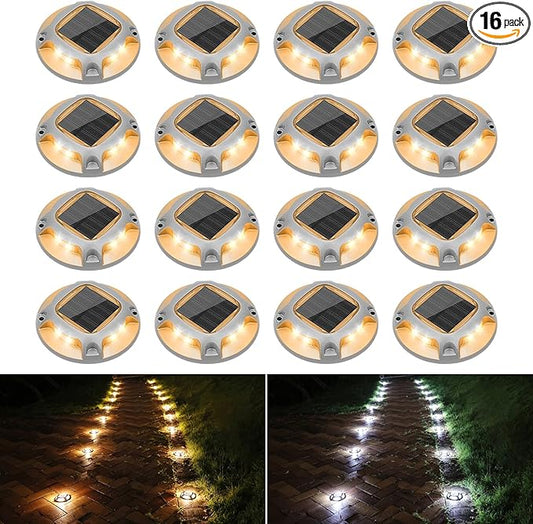 VOLISUN Solar Driveway Lights Dock Marine Lights 16 Pack,2 Colors in 1,Outdoor LED Deck Light,Solar Powered Waterproof Warning Step Ligh for Driveway Sidewalk Pathway (White/Warm White)