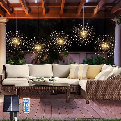 5 Pack Solar Firework Lights, 450 LED 8 Modes Dimmable Waterproof Hanging DIY Starburst Fairy Lights with Timer for Party Garden Indoor Outdoor Decoration (Warm White, 450)