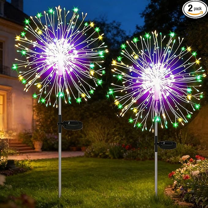 Redefun Solar Fireworks Lights for Outside 2 Pack 120 LEDs Solar Garden Decor, 8 Modes Sparkler Light Waterproof Starlit Starburst Lights for Yard Flower Bed Lawn Pathway Decorations - Multicolor