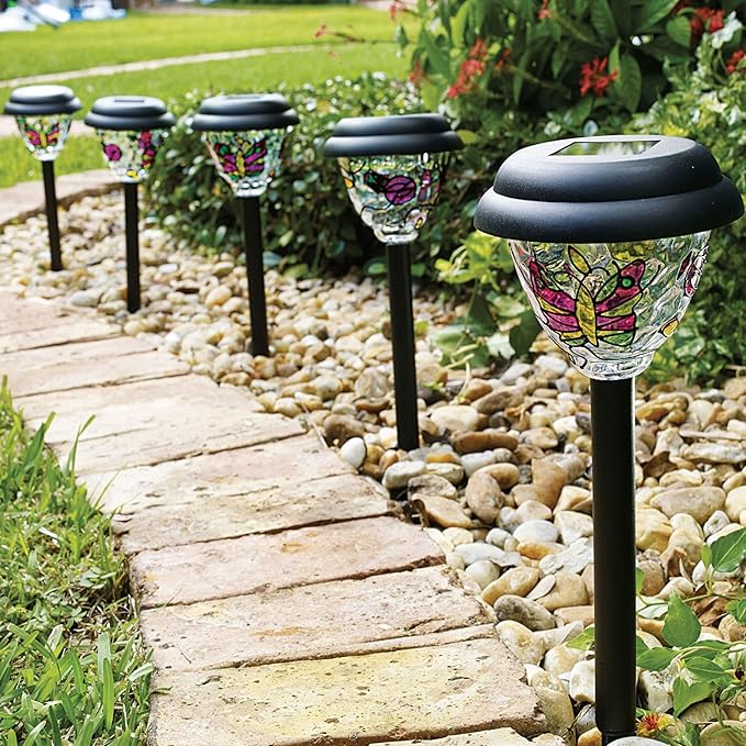 BrylaneHome Tiffany Style Solar Stake Lights, Set of 5 - Multi