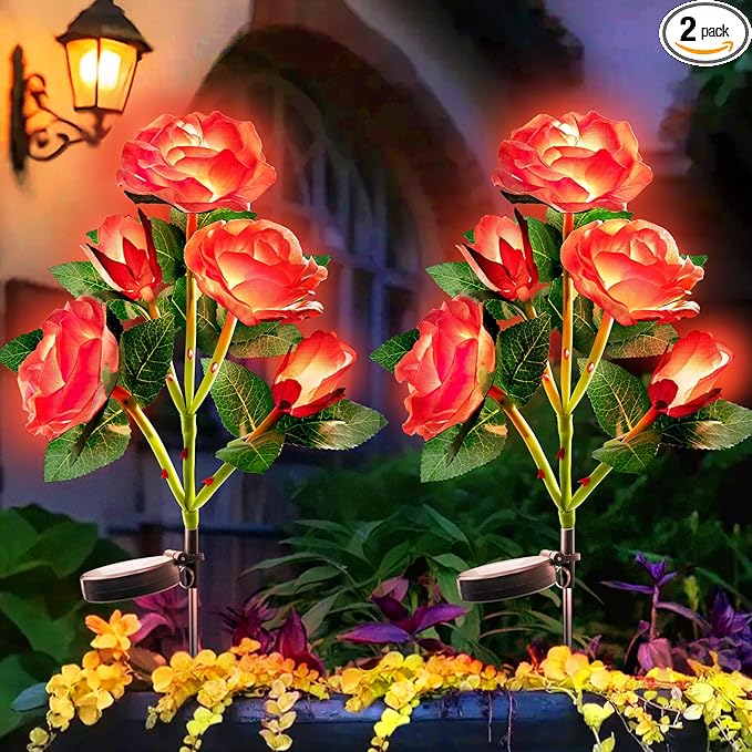 Anordsem Solar Garden Lights Outdoor: 10 Waterproof Fabric Roses 2 Pack - Red LED Flower Decorations for Yard Patio Path Cemetery Grave - Mother's Day Gifts for Her Women Mom Wife