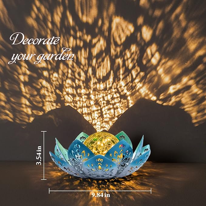 Huaxu Solar Lights Outdoor Decorative - Bright Blue Lotus Flower Table Lamp, Glass Globe 30 LED Waterproof Metal | Lumora