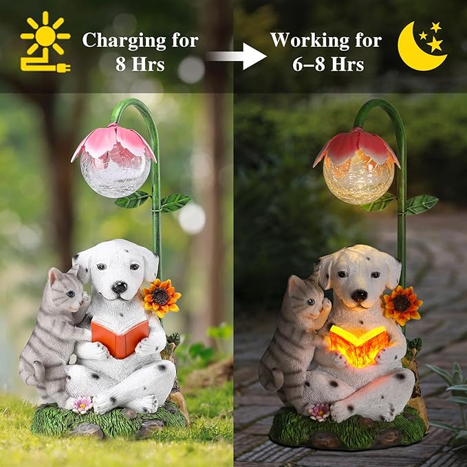 Afirst Solar Garden Statues, Dog Statues Outdoor Resin Figurine with Solar Lights Statue Decorations for Lawn, Patio, Balcony, Yard Ornament Mother's Day Gifts, Dalmatian and Cat, Dog&Cat
