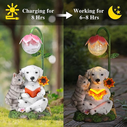 Afirst Solar Garden Statues, Dog Statues Outdoor Resin Figurine with Solar Lights Statue Decorations for Lawn, Patio, Balcony, Yard Ornament Mother's Day Gifts, Dalmatian and Cat, Dog&Cat