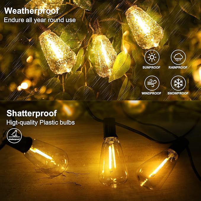 RTTY Solar String Lights Outdoor Waterpoof 50ft with 25pcs Dimmable Shatterproof ST38 Vintage Bulb,Remote Solar | Lumora