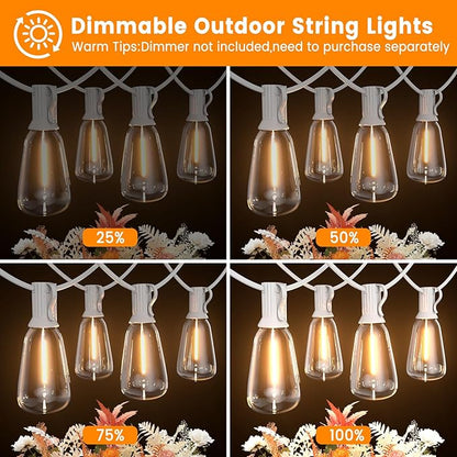 LED Outdoor String Lights 100ft ST38 White Waterproof Patio Lights with 50 Vintage Shatterproof Bulbs(3 Spare), Dimmable Outside Hanging Edison String Lights for Backyard Porch Balcony, Warm White