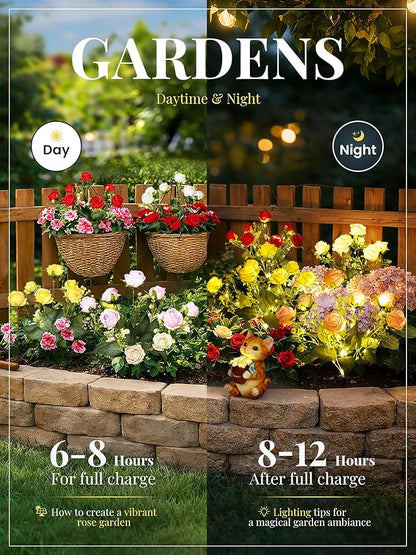 GIGALUMI Solar Lights Outdoor for Garden Decor, 4 Pack Solar Flower Lights Waterproof, 2 Lighting Modes 28 Rose Flowers for Pathway,Yard, Patio Decoration, Gardening Gifts for Women (Multi-Colored)
