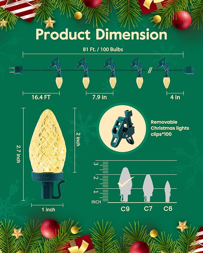 C9 Christmas Lights Outdoor with 100 Spring Clips 65FT 100LED, C9 String Lights Waterproof Connectable for House Roof Patio Yard Windows Xmas Tree Outdoor Christmas Light Decorations, Warm White