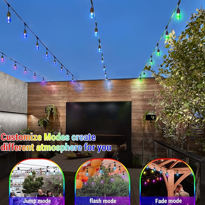 2-Pack 48FT Solar Outdoor RGB String Light, Dimmable Patio String Lights with Shatterproof Edison Bulbs, Remote, Commercial Solar String Lights for Cafe, Patio, Yard, Party
