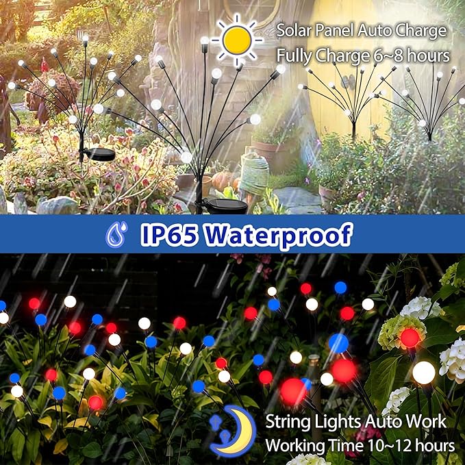 Patriotic Solar Firefly Lights 2 Pack Red White Blue Swaying Outdoor Lights 6 LED Each Waterproof Solar Stake Light for 4th of July Memorial Day Independence Day Yard Garden Patio Decor