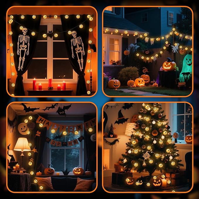 Halloween Ghost Jack Skellington Lantern String Lights, Halloween Lanterns String Lights of 10 Pack Festive White Ghost Jack Face for Spooky Outdoor & Indoor Displays Decorations