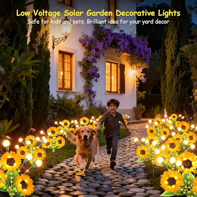 Garpar Garden Lights Solar Powered, Upgraded 4 Pack Bigger Solar Sunflowers with Swaying Firefly Lights, Brighter Waterproof Solar Yard Lights for Outdoor Garden Pathway Patio Lawn Backyard, Gift