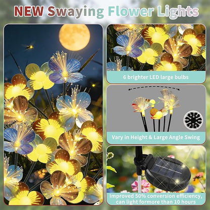 4 Pack Solar Garden Lights - Rainbow Petals, Warm Light, Flash & Constant Modes, Auto On/Off, Waterproof with Ground Plug for Yard, Patio Decoration