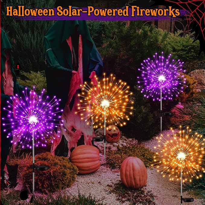 6 Pcs Mardi Gras Solar Firework Lights Solar Lights Outdoor Garden 120 LED 8 Modes Waterproof LED Sparkler Outdoor for Carnival Patio Yard Pathway Walkway (Purple,Orange)