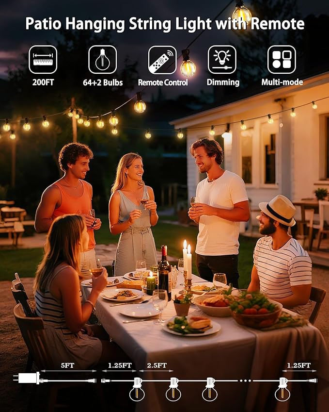 Outdoor Patio String Lights Waterproof with Remote, 200FT 64+2 G40 Edison LED Shatterproof Bulbs Hanging Outside | Lumora
