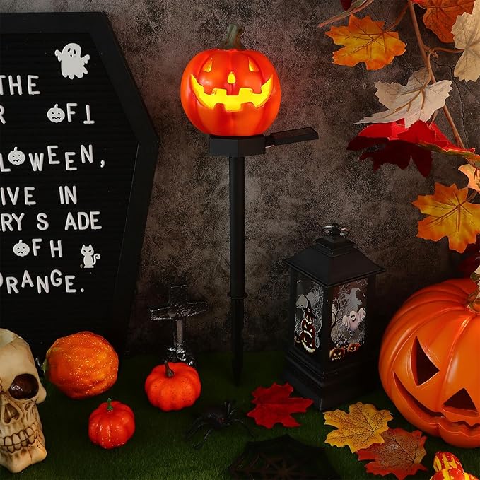 Zerodeko Solar Halloween Pumpkin Stake Light Outdoor Decorative Solar Pathway Lamp Resin Garden Decoration for Patio Yard Lighting