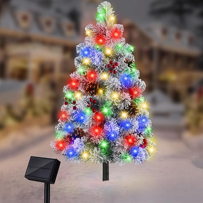 Brightever Solar Christmas Tree Lights Snow Flocked, 68LED Christmas Outside Decor with 8 Lighting Modes, Pine | Lumora