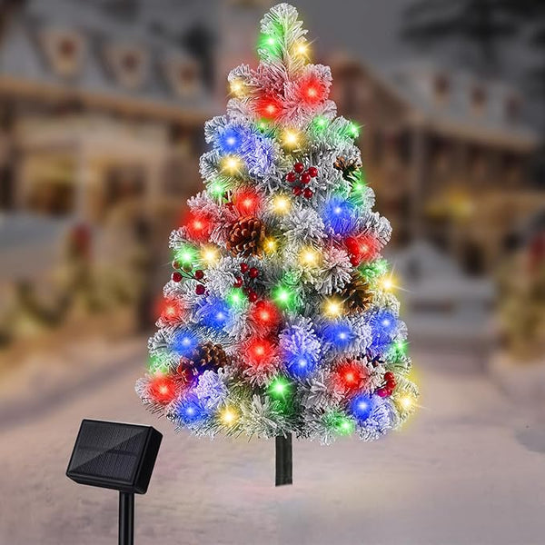Brightever Solar Christmas Tree Lights Snow Flocked, 68LED Christmas Outside Decor with 8 Lighting Modes, Pine | Lumora