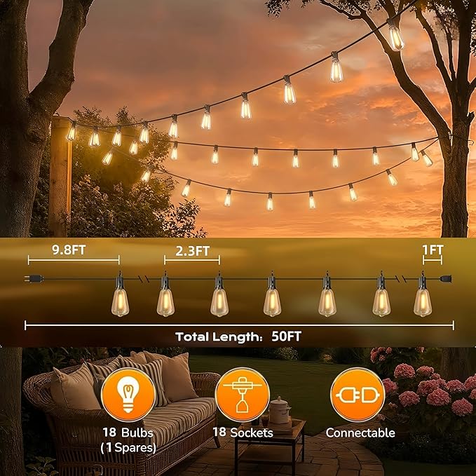 GPATIO Outdoor String Lights, 50FT Shatterproof Patio Lights, IP65 Waterproof Dimmable Outside Hanging Light, Connectable LED Outdoor Lights for Backyard, Porch, Deck, Balcony, Garden, Home Decor