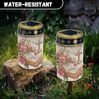 Cemetery Solar Lights for Grave Red Waterproof Outdoor Flameless Candle Solar Pathway Lights Outdoor Landscape Path Light Memorial Gift Cross Book