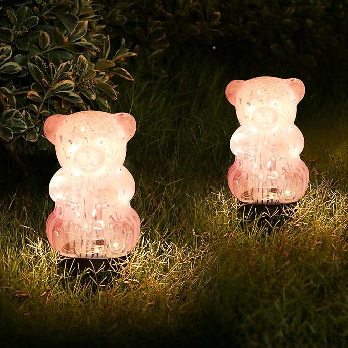 Solar Lights Outdoor, Cracked Glass Bear Lights for Garden, Outside, Decorative LED Decorations for Patio and Yard Lawn Backyard Decor, Waterproof, Pink
