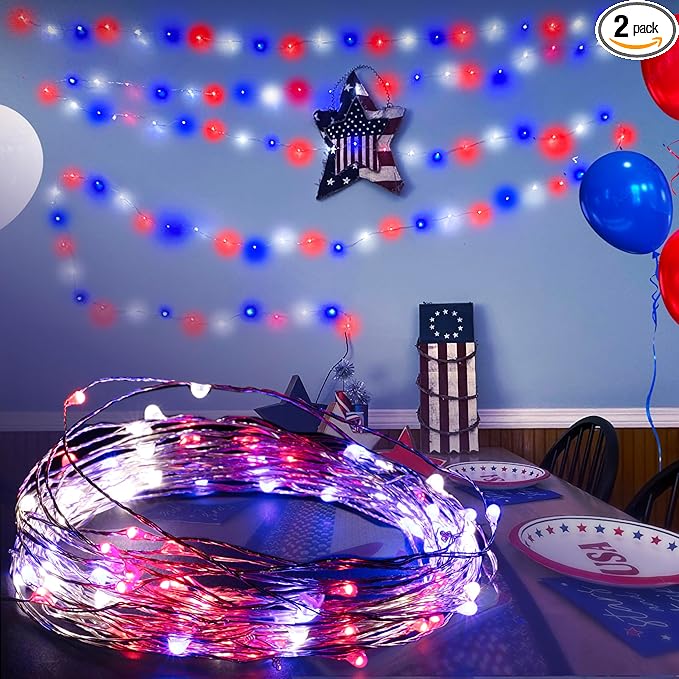 Red, White, & Blue USA Fairy String Lights (2 Pack) - 66ft / 20 m- Patriotic LED Outdoor Indoor Decorations for | Lumora