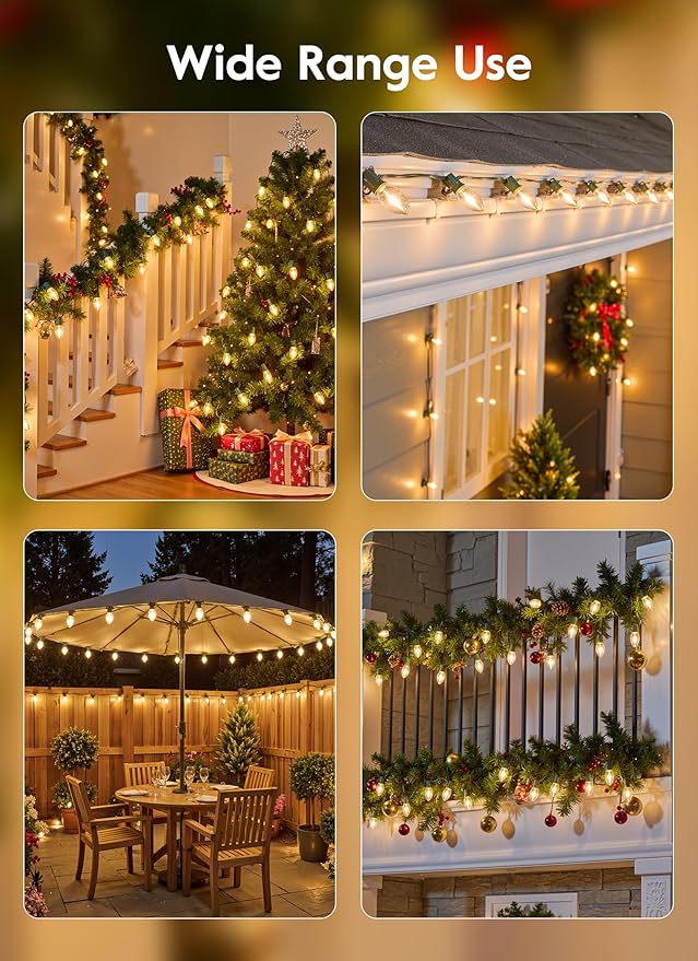 Vintage C9 LED Christmas Lights, 100 Feet C9 String Lights with 100 LED C9 Plastic Bulbs, Waterproof Connectable | Lumora
