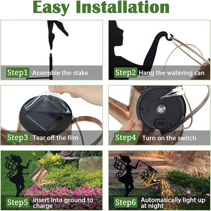 Ouddy Decor Fairy Garden Decor with Solar Watering Can, Metal Fairy Garden Statues with Hanging Lanterns Waterfall Lights Silhouette Waterproof for Lawn Pathway Gardening Gifts