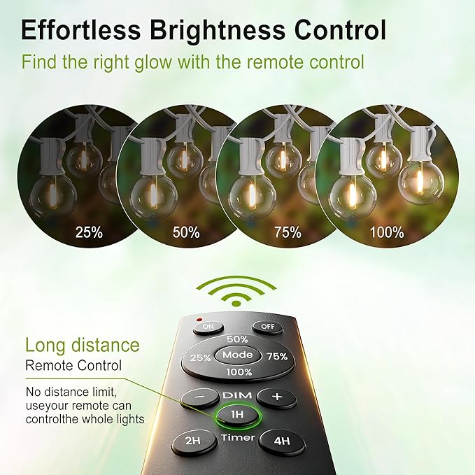 Outdoor-String-Lights-Patio-LED-Light-Outside 75FT Waterproof Dimmable Remote Outdoor Lighting 75 Globe Plastic G40 Bulbs Hanging Lights Connectable for Backyard Porch Party 1FT Bulbs spacing
