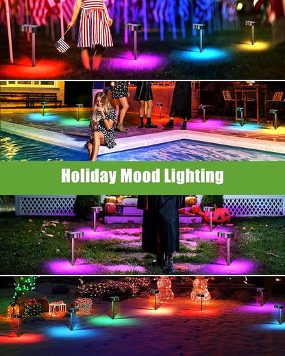 2-in-1 Solar Lights Outdoor 8 Pack with Ground Stakes, RGBWW 10 Fixed Colors & 5 Modes, Waterproof IP65 Solar Landscape Lighting for Outside Garden Lights for Walkway Driveway