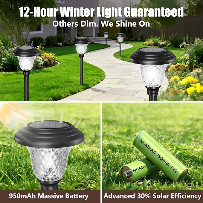 BEAU JARDIN 8 Pack Solar Pathway Lights Outdoor Solar Powered Light Christmas Gift Waterproof Glass High Lumen for Garden Landscape Path Yard Walkway Patio Driveway Outside White Color Changing Black