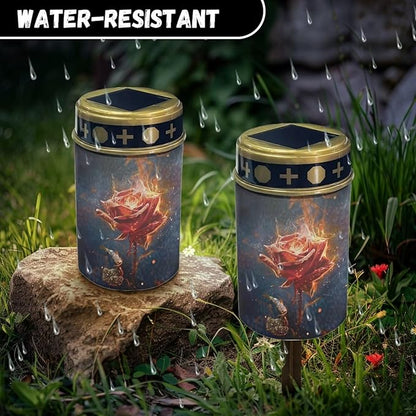 Red Rose Outdoor Solar Garden Lights,Waterproof Solar Outdoor Lights,Solar Stake Lights for Cemetery Grave Garden Patio Yard Lawn Decoration