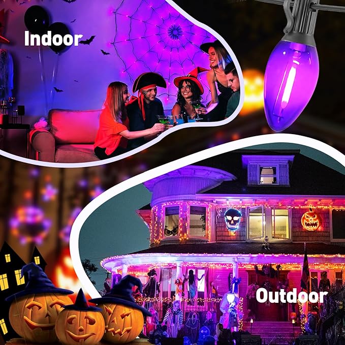 C7 Purple Christmas Lights Outdoor and Indoor 10ft - Halloween LED String Lights with 10 Vintage Bulbs, Waterproof Black Wire for Patio, Roofline, Xmas Tree, Holiday Decor