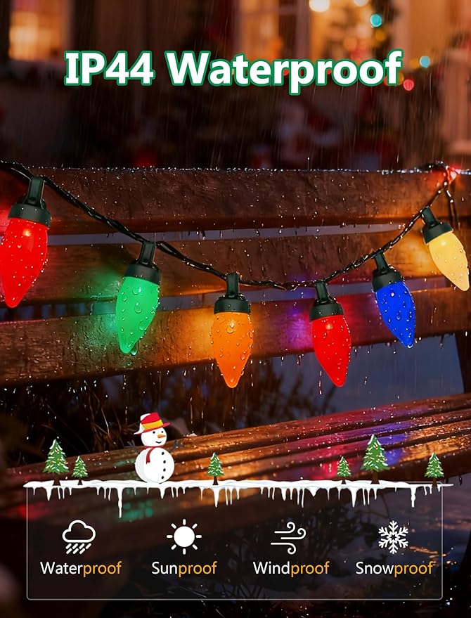 C7 LED Valentine's Day Lights Outdoor, 26Ft Outdoor Christmas Decoratios, Vintage String Lights Waterproof with 50 LED C7 Multicolor Bulbs, Night Lights for Indoor Roofline Backary Garden House Party