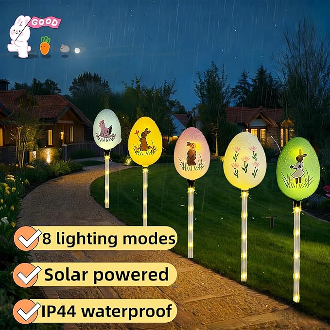 Solar Easter Bunny Egg Lights - 5 Pack Outdoor Solar Path Lights with 8 Lighting Modes, Waterproof Garden Stake Lights for Easter, Birthday, Housewarming Gifts & Outdoor Decor