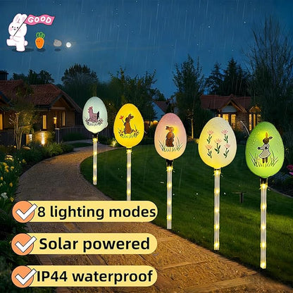 Solar Easter Bunny Egg Lights - 5 Pack Outdoor Solar Path Lights with 8 Lighting Modes, Waterproof Garden Stake Lights for Easter, Birthday, Housewarming Gifts & Outdoor Decor