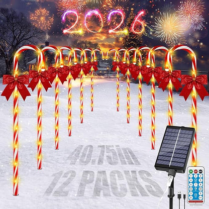 40in Christmas Solar Candy Cane Pathway Lights, 12Pcs 120 LED Solar Outdoor Christmas Decorations with Red Bow Waterproof, 8 Modes Timer Remote Walkway Garden Light for Xmas Yard Lawn Patio Decor