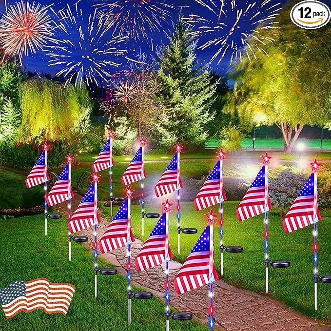 12 Pack American Flag Solar Lights Outdoor, 4th of July Decorations with 2 Modes, Waterproof Independence Day Solar | Lumora