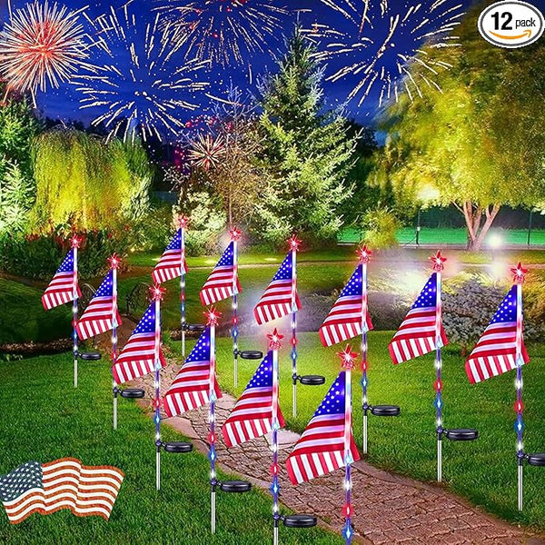12 Pack American Flag Solar Lights Outdoor, 4th of July Decorations with 2 Modes, Waterproof Independence Day Solar | Lumora
