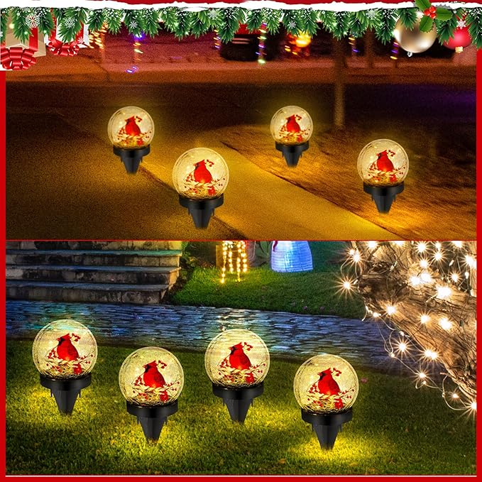 WILLBOND 4 Pcs Cardinal Bird Solar Light Outdoor Glass Ball Red Bird Solar Globe Ground Lights Christmas Lawn Garden Pathway Yard Ornaments for Patio Porch Decorations Mom Gift