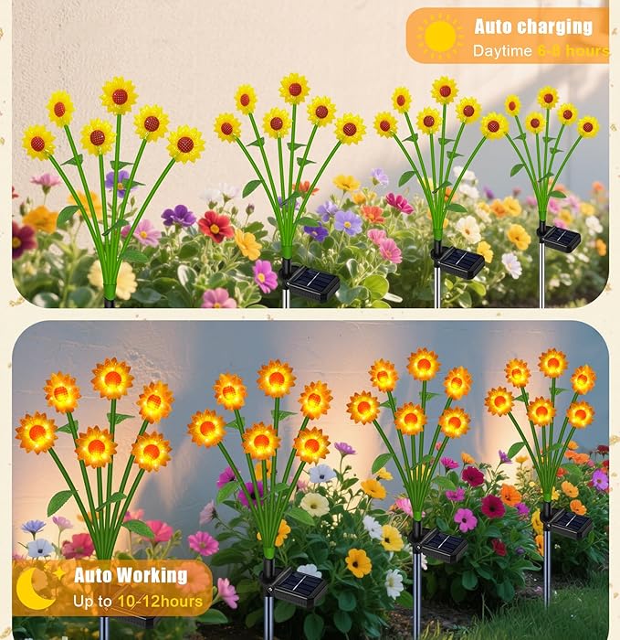 Solar Lights Outdoor Waterproof Sunflowers Garden Decor,4 Packs with 24 Sunflower lights,Birthday Gifts for Women Mom,Solar Flowers Decorative Lights for Outside Yard Lawn Patio Porch decorations