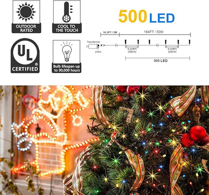 kemooie 500 LED Christmas String Lights, 164FT 8 Lighting Mode with Memory Plug in Green Wire Waterproof Lights, for Outdoor Birthday Christmas Party Garden Balcony Decorations (Red and Green)