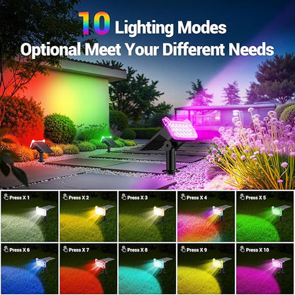 WdtPro 2 Pack Solar Color Changing Spot Lights, 10 Lighting Modes Solar Lights Outdoor Waterproof, Multicolor RGB Outdoor Lights, 9 Colors Auto Cycling Landscape Spolights for Yard Garden Decoration