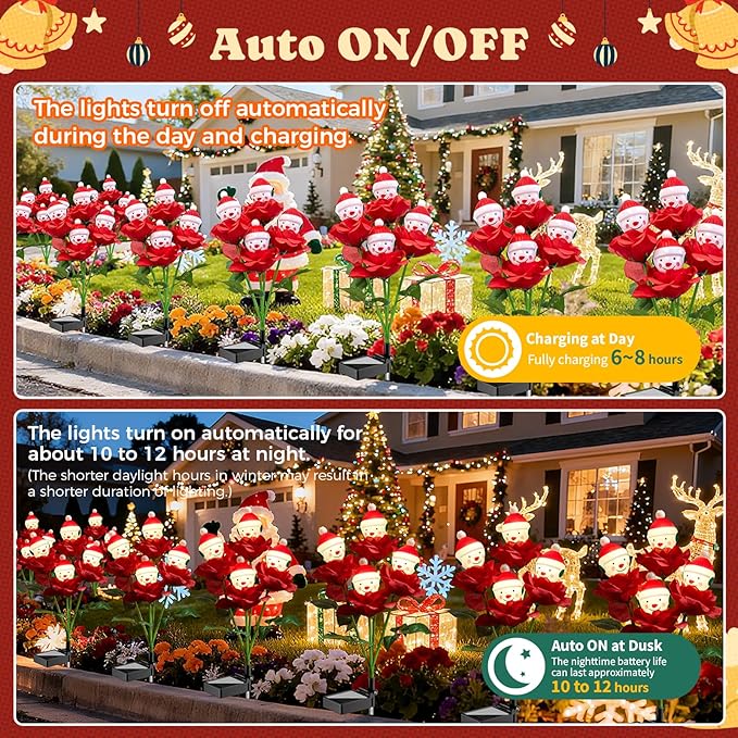4 Packs Christmas Rose Solar Garden Light with Snow Man, 27.4 Inches Garden Solar Light Outdoor for Christmas Decoration, Auto ON/OFF, IP65 Waterproof, Suitable for Courtyard, Pond, Walkway Decoration