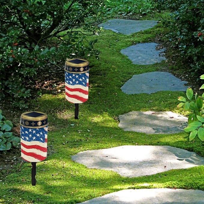 Solar Powered Garden Stake Lights American Flag Print Solar Lights Cemetery Decorations for Grave
