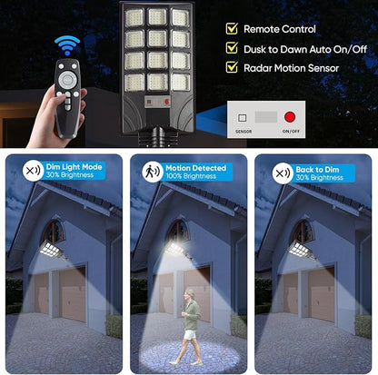 2pcs Solar Street Lights Outdoor Waterproof 600W 30000LM Solar Street Lights for Outside Parking Lot 192 5730LEDs Dusk to Dawn Solar Outdoor Lighting Motion Sensor Light for Garage Remote Control