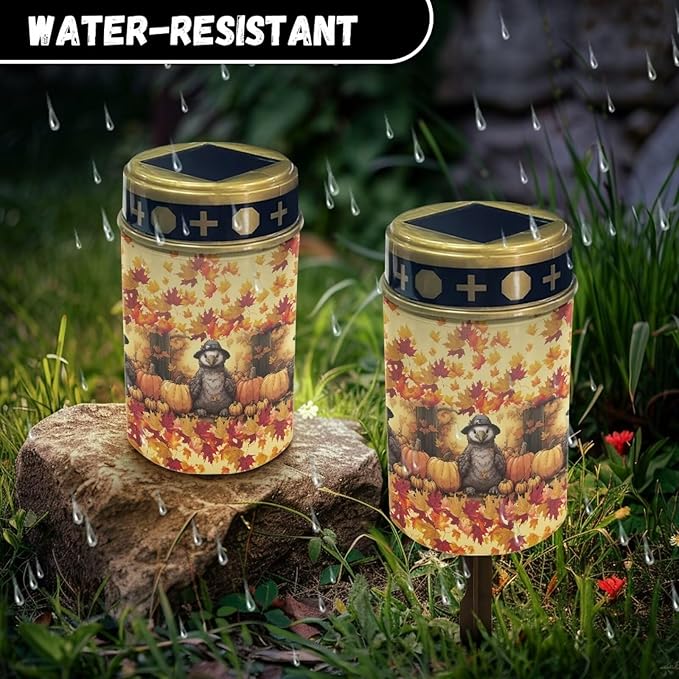 Maple Leaf Owl Solar Garden Lights Fall Backyard Lights Removable Easy to Install Cylindrical Grave Memorial Lamp for Garden Landscape Pathway Patio Deck Driveway Sidewalk Decor