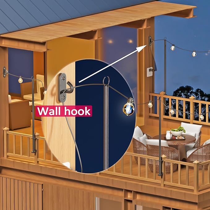 4 Pack 6.5FT Stainless Steel String Lights Pole Bracket/Holder with 2 Wall Hooks for Deck Railing Wood Posts (Black) | Lumora