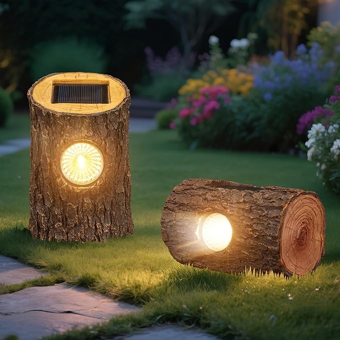 2 Pack Solar Tree Stump Lights Outdoor, Waterproof Solar Spot Garden Lights, Auto On/Off Warm LED Decorative Landscape Lighting for Yard Lawn Patio Pathway Walkway