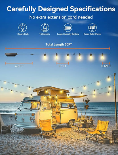 Brightever Solar String Lights for Outside, 50FT Patio Lights Outdoor Waterproof Solar Powered, 3 Lighting Modes Dimmable, 15+1 Shatterproof S14 Edison Bulbs, Solar Outdoor String Lights for Deck